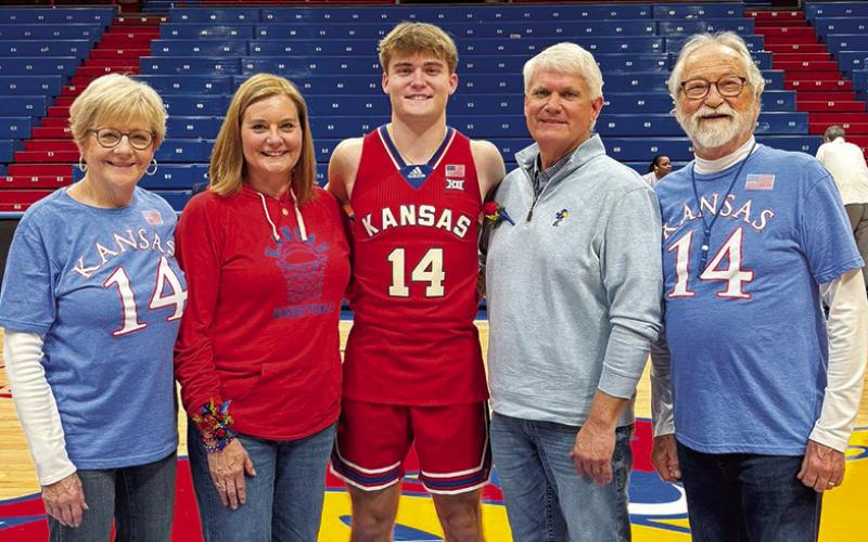 Kansas University Senior, Patrick Cassidy, was recognized during Senior Night Ceremonies, Tuesday night, at Phog Allen Fieldhouse in Lawrence. Joining in the festivities were his parents and grandparents, Pat Daugherty, Julie Cassidy, Patrick, Jeff Cassidy, and Carl Daugherty. (Courtesy Photo.)