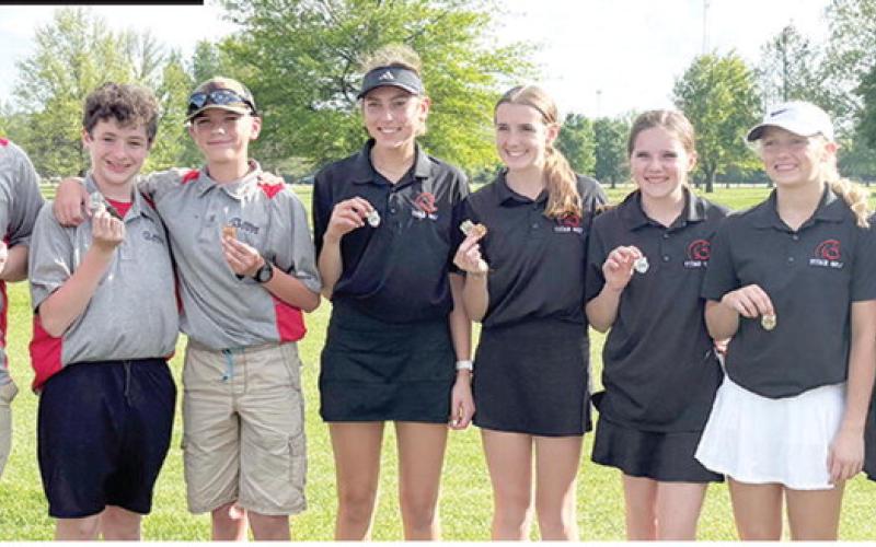 The Columbus Junior High Golf Team placed second in the Galena Invitational Tournament, Thursday, at Schifferdecker Golf Course. Team members are: Caden Stark, Jake Wary, Trevor Lacen, Kip Saporito, Tymber Newberry, Ally Walters, Raelee Engroff, and Raygen Spoonemore. The teams top four scorecards totaled 246 combined points. Caney Valley took five of the top six places to win the team title with 188 total points. Courtesy photo.