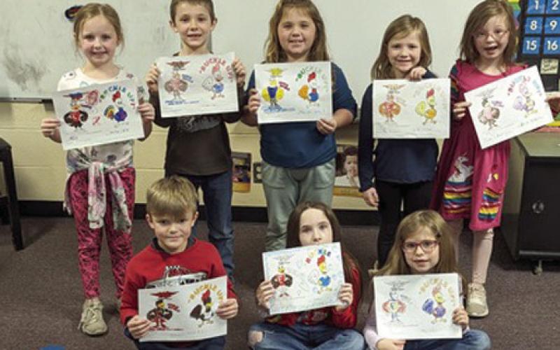 In January, the elementary schools had a Character Education and talked about Eddie Eagle on gun safety, Rooster Booster on car seats and seatbelts, ALICE training on active shooter. The students had a coloring contest for Eddie Eagle, and Rooster Booster. Willow Patton was the winner in Amanda Rodriguez’s first grade class. Deputy Anne Sharp led the training classes. Courtesy photo.