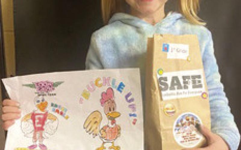 In January, the elementary schools had a Character Education and talked about Eddie Eagle on gun safety, Rooster Booster on car seats and seatbelts, ALICE training on active shooter. The students had a coloring contest for Eddie Eagle, and Rooster Booster. Sylvie Engleman was the winner in Veronica Long’s first grade class. Deputy Anne Sharp led the training classes. Courtesy photo.