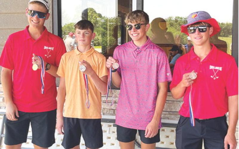The Columbus Recreation Commission Junior Golf Program hosted the first tournament of the season, Tuesday at Brush Creek Golf Course. Winners in the boys 15 plus age group are: Alden Ebersole, Oswego; Isaac Myers, Chanute; Easton Long, Columbus; and Conner Hanigan, Oswego. Courtesy photo.