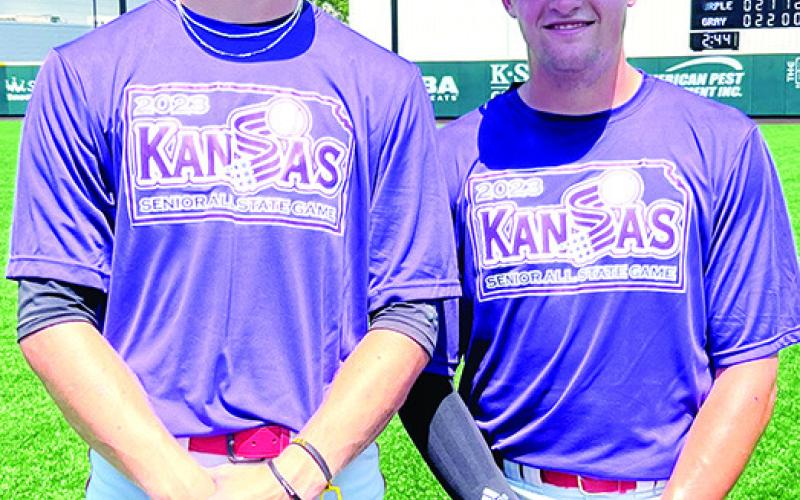 Columbus Titan Class of 2023 Baseball Players, Seth Stover and Landin Midgett participated in the Kansas Association of Baseball Coaches Senior All-State Game, Wednesday, at Tointon Family Stadium on the campus of Kansas State University. The local duo were members of the winning, Purple Team, 8-4. Courtesy Photo.