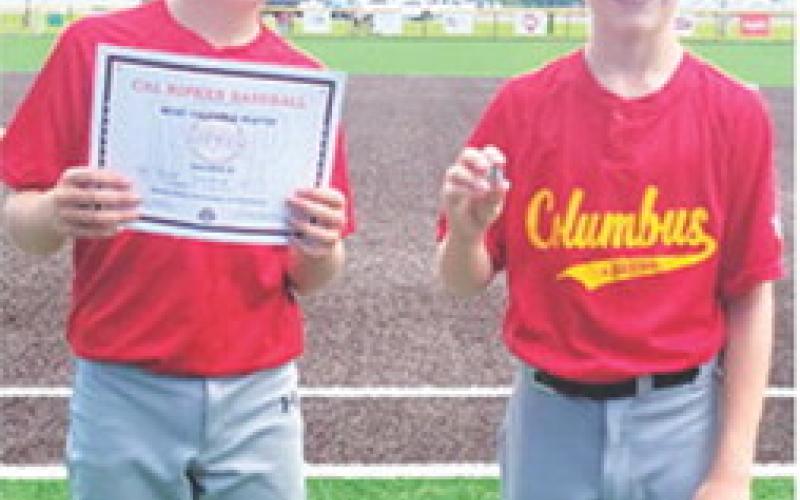 John Parsons earned the Most Valuable Player Award and Bode Saiz received the WOW Award in Game 1 of the Kansas Cal Ripken 12U State Tournament, July 17, in Frontenac. The Columbus All-Stars took a big win, 18-1, over Fredonia in the tournament opener. Courtesy photo.