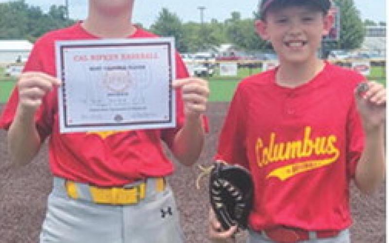 Jase Stephens garnered the Most Valuable Player Award for the Columbus 12U All-Stars and Jaxon Harper received the WOW Award in a Game 4 loss to Frontenac, 0-11, in the Kansas Cal Ripken 12U State Tournament, July 18, at Frontenac. Courtesy photo.