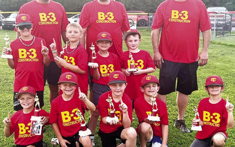 The 10U Minor League Champions of the Columbus Cal Ripken League is B3 Construction. Team members receiving their trophies at the closing ceremony, Tuesday, are front row: Connor Scott, Summit Melton, Sully Clark Jaxsyn Robinson, and Phoenix Ryder. Middle row: Briggs Johnson, Cruz Sharp, Kreed Roberts, and Landon York. Coaches for the team are Jason Johnson, Zack Robinson, and Dillon Roberts. (Not pictured, Liam Cooper.) Courtesy Photo.