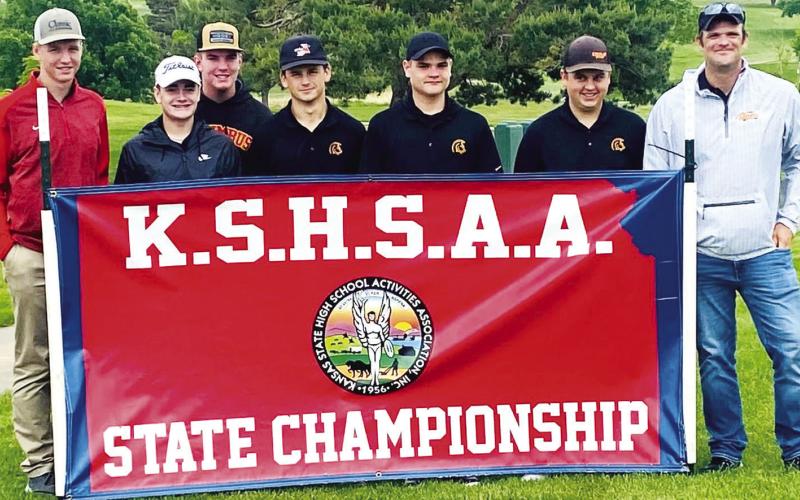 Members of the Titan Golf Team that qualified in the team competition, as Class 3A Regional Runner-up, for the Kansas Class 3A State Golf Championship in Dodge City, Monday are show at the tournament with coach Cody Murdock. None of the Columbus Squad was able to advance to day two, missing the cut and ending the season. Team members are: Cole Youngblood, Luke Gray, Slade Parker, Mack Kirk, Zane Gray, and Tucker Schalk. Courtesy Photo.