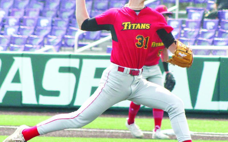 Seth Stover, Columbus Unified High School Class of 2023, threw six innings allowing four runs on six hits with four strike outs in the 9-8, Titan win over Kansas City-Bishop Ward in the Kansas Class 3A State Baseball Quarterfinal Game, May 25 at Kansas State University’s Tointon Family Stadium.