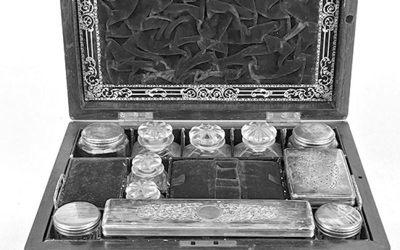 Wealthy Victorians loved their luxuries. A traveling dresser set like this kept a gentleman sure of his status wherever he went. Photo Credit: Rachel Davis Fine Arts