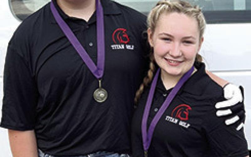 Lady Titans Jaiden Campbell and Amory Neely placed in the top ten at the Pittsburg Junior High School Invitational Tournament, Monday, at Four Oaks Golf Course. Amory placed seventh and Jaiden was tenth in the girl’s division. Amory also placed seventh at the Independence Golf Tournament, April 3. Courtesy Photo.