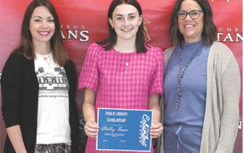 Mallory Thompson was the recipient of the Columbus Public Library Scholarship in the amount of $500 from Carly Rowton and Kelly Walters, USD 493 Employees during the 2025 Senior Assembly, May 16, at the Columbus Unified High School.