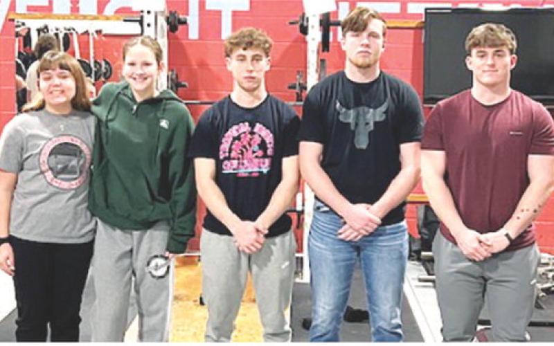 Titan Powerlifters competing virtually at Goddard High School over the weekend were: Mackenzie Richards, junior; Ruby Stover, senior; Lemmie Stone, junior; Brandon Stice, senior; and Sam Carden, senior. The team is preparing for the state meet at Iola in March. Not pictured are Kaden Crafton and Alex Welch. Courtesy photo.