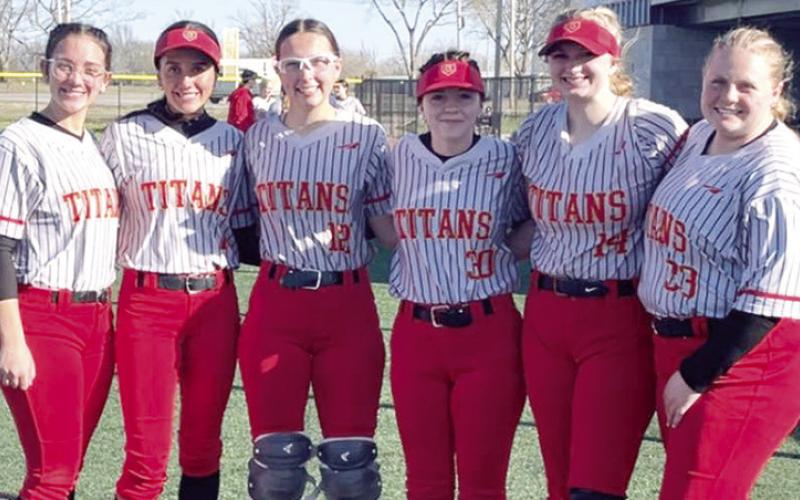 Columbus Lady Titan Seniors, Katy Mooney, Brylie Johnson, Torey Tedlock, Hannah Johnson, Hailey Ediger, and Madisen Rand and the entire team opened their season with a jamboree event in Chanute, Saturday. Columbus is hosting their home opener, Thursday, at the Columbus Community Field Ballpark’s Rockett Field. The varsity game will begin at 4:30 p.m. followed by the junior varsity game. Courtesy photo.