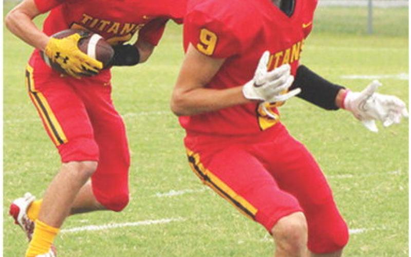 Braxtyn Buergin receives a kickoff during the Titan Junior Varsity game with Fort Scott Monday at Titan Stadium. The freshman picked up good yardage on the return. Freshman, Cal Saporito, was also back for the kickoff and turned defender with Buergin’s reception. Columbus lost to their visitors, 28-0.