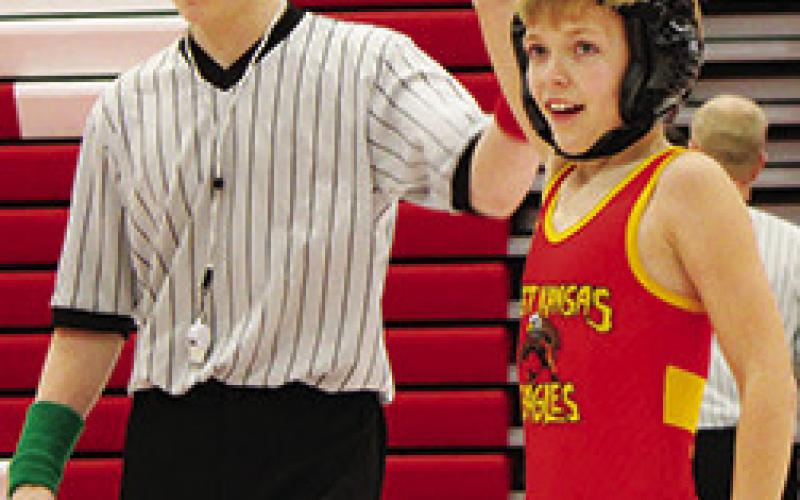 Columbus Mini Wrestler, Lucas Natalini, took first place at the Tonganoxie Kids Open Tournament, Sunday. Lucas wrestles in the 10 and Under Open, 73-pound weight class. Courtesy Photo. 6U 45F Kyra Lacen
