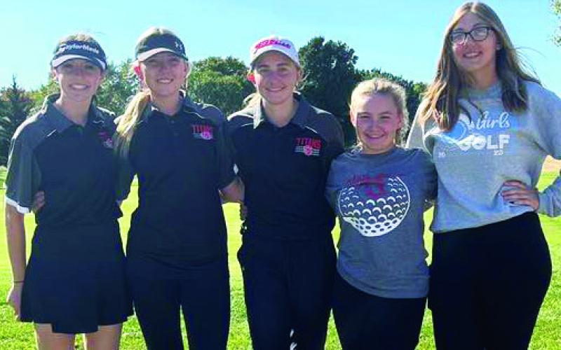 Three Columbus Lady Titan Golfers played their way to round two of the Kansas Class 3-1A State Championship, Tuesday, at the Hesston Golf Course. Freshman, Natalie Wary; senior, Reese Grundy, and junior, Mallory Thompson played for the top spot in girls golf. Freshman, Avery Neely and junior, Anna Head had a good showing for the first 18-holes but missed the day two cutoff. This is the third year the Lady Titan Team has qualified for the state event. Courtesy Photo.