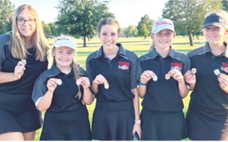 The Lady Titan placed second at the Galena Invitational, Thursday at Schifferdecker Golf Course in Joplin, Mo. Columbus was second behind St. Mary’s-Colgan. Senior, Reese Grundy place second in the individual standings. Team members are: Anna Head, Amory Neely, Natalie Wary, Mallory Thompson, and Reese Grundy. Courtesy photo.