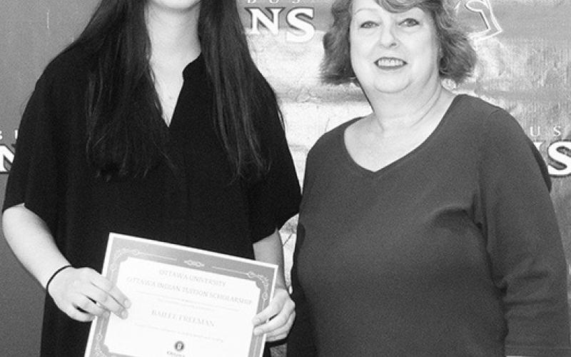 Bailie Freeman received an Ottawa Indian Tuition Scholarship in the amount of $180,000 from Ottawa University during the CUHS Senior Assembly, May 19, at the high school gym. Senior English Instructor, Karen Langerot, presented the award.