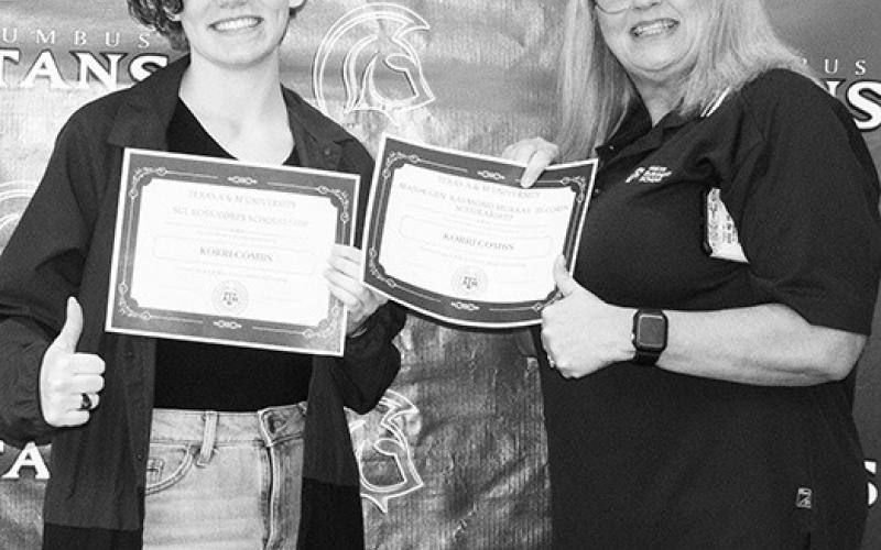 Korri Combs was presented two scholarships from Texas A&amp;amp;M University from her aunt, Angela Burch Degelman during the Senior Assembly at the CUHS Gymnasium, May 19. Korri received the Major Genera Raymond Murray 35 Corps Scholarship for $111,536 and the Sul Ross/Corps Scholarship for $4,800.