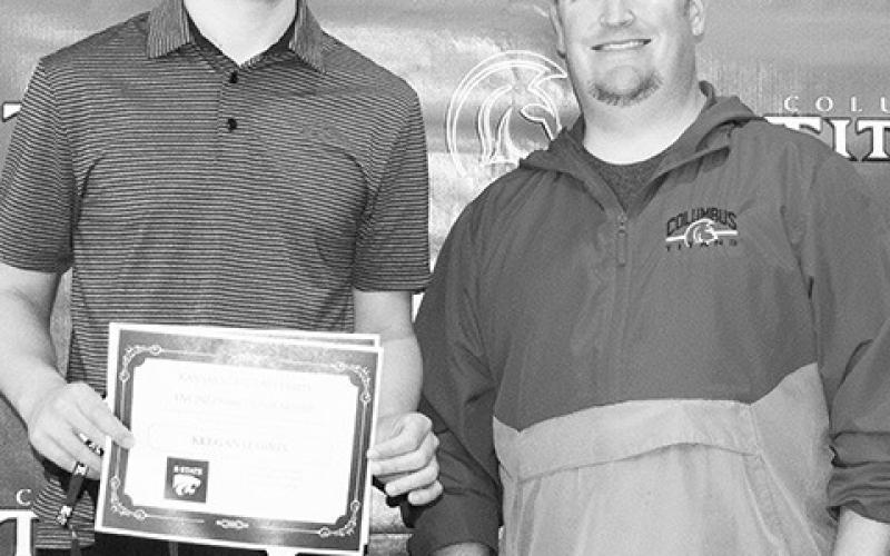 Keegan Harris received two Kansas State University scholarships during the Senior Assembly at the CUHS Gym, May 19. Columbus Unified High School Instructor, Michael Sauerwein, presented an Engineering Scholarship for $8,000 and a Royal Purple Scholarship for $16,000