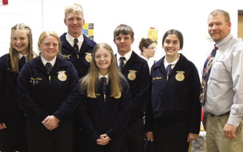 New Future Farmers of America officers for 2023-2024 include: (not in order) Sentinel- Trinity Green, Reporter- Hannah Johnson, Treasurer- Brylie Johnson, Secretary- Madisen Rand, Vice President- Dallas Scott, and President- Cole Youngblood. KC Youngblood is the FFA advisor. Courtesy photo.