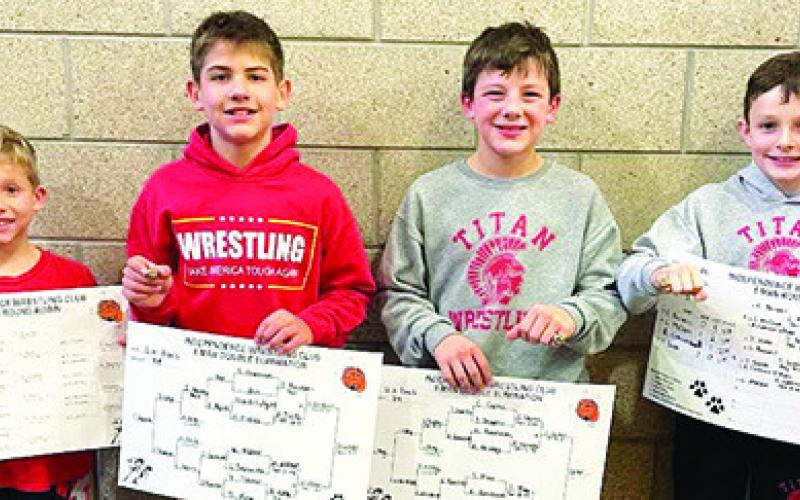 Baylor Bowman, Blaze Bowman, Cam Carter, and Tanner Scott earned gold rings for winning the age division/ weight class at the Bulldog Classic Wrestling Tournament, Sunday in Independence. Courtesy Photo.
