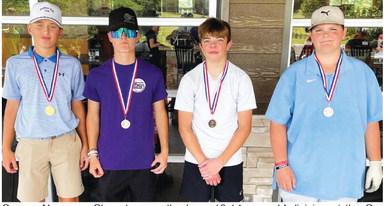 Connor Newman, Chanute, won the boys 13-14 year-old division at the Columbus Junior Golf Tournament, Thursday, Michael Caldwell, Coffeyville placed second, Easton Long, Columbus was third and Gavin Woody, Coffeyville, was fourth. Columbus golfers (not pictured), Kaden Rowe and Alex Welch placed just outside the medals in fifth and sixth place, respectively. The older divisions of the Junior Golf Program will compete in Chanute, Thursday. The younger players will be in Parsons. Courtesy Photo.