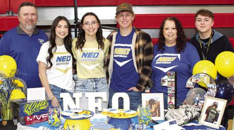 Lady Titan Senior, Torey Tedlock, signed a National Letter Intent to continue her softball career at Northeastern Oklahoma A &amp; M College this fall. She was joined by her family and friends at the signing ceremony, February 21, at the Columbus Unified High School Gymnasium. Shown above with Torey are Corey Tedlock, Presley Tedlock, Cade Saporito, Tiara Tedlock, and Caden Tedlock