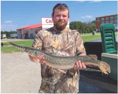 Michael Starr Jr. was fishing at Big Hill Reservoir in Labette County in late July when he successfully reeled in a 34.5-inch spotted gar weighing 7.98 pounds. The catch broke a 40-year Kansas State record set in 1983 at the Chetopa Dam. Courtesy Photo.