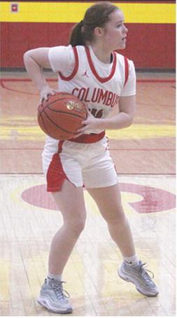 Lady Titan Sophomore, Bentley Townsend, looks to pass in the home opener vs. Colgan, December 6. Monday, Bentley’s seven points helped Columbus win the first round of the Mo-Kan Classic Tournament over Southeast, 26-22, in Cherokee.