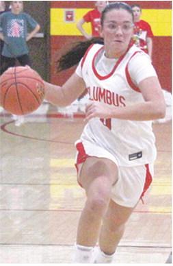 Lady Titan Senior, Katy Mooney, gets a steal and drivers for the layup in the 41-60, Columbus loss to Cherryvale, Tuesday, at the CUHS Gym. Katy scored 22 points going 13 of 14 at the free throw line.