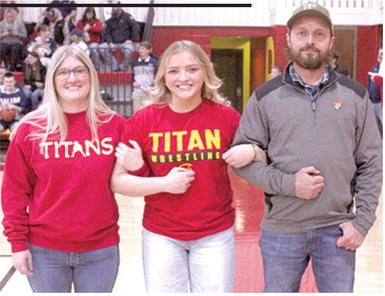 Lady Titan Senior, Emily Britt, was recognized during Senior Night Ceremonies, February 21, at the Columbus Unified High School Gymnasium. Emily is a four-year member of the Lady Titan Wrestling Team. She was escorted by her parents, Kimberly and Carl Britt.