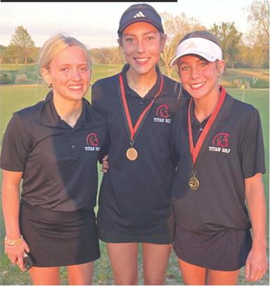 Lady Titan Eighth Grader, Tyler Kirk, (right) won the girls division of the 2026 junior high golf opener with a round of 49 at the Independence Country Club, Monday. Kip Saporito (center), CJHS Eighth Grader, placed seventh with a 65 to help lead the co-ed team to a fourth place overall finish. Fellow eighth grader, Raylee Engroff, rounds out the Lady Titan members of the team. Columbus will be back in action Monday in Pittsburg starting at 2:30 p.m. at the Four Oaks Golf Course. Courtesy photo.