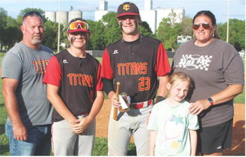 Titan Senior, Jace Midgett, was recognized during Senior Night Ceremonies at Bomber Field in May. Jace is a four-year member of the Titan Baseball Team. He was escorted by his dad, Joey Midgett; brother, Ethan Midgett; mom, Kandi Midgett; and sister, Jasmine Wininger.