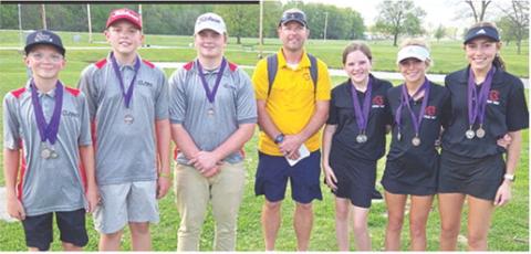 The Columbus Junior High School Golfers came away from the Pittsburg Invitational Tournament with a third place, team finish. The three Lady Titans placed in the top ten of the girls division, and Jace Mooney took fourth place in the boys division. Team members are: Jace Mooney, Tanner Thompson, Cajen Smith, Coach Jerry Smiley, Ally Walters, Tyler Kirk, and Kip Saporito. Courtesy Photo.