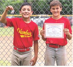 (LEFT) Lucus Haviland received the WOW Award and Briggs Johnson was named Most Valuable Player in the Columbus Cal Ripken 10U All-Stars Game 8 win over Frontenac, 7-6, in the Kansas Cal Ripken District 5 Tournament, Saturday, in Parsons. Photo by Kristin Sharp.