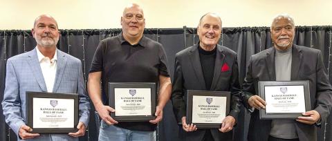 Don Karnes, (third from left) former Baxter Springs coach, was inducted into the Baseball Hall of Fame. Walter Johnson, Fred Clarke and Frank Isbell were also inducted. Courtesy photo.