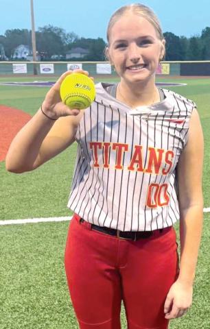 Lady Titan Junior, Landrey Perry, blasted a shot over the outfield fence in the Thursday, non-conference, double header loss in Pittsburg, 1-7 and 2-16. Courtesy photo.