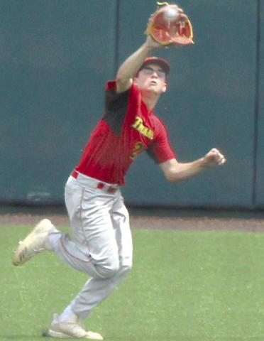 Cole Minor, Titan Center Fielder, makes a run saving catch ini the Kansas Class 3A State Quarterfinal win over KC-Bishop Ward, Thursday. Cole is one of a trio of seniors that includes Kayden Cox in left and Jaspen Tanner in right that have helped the Titans to a record setting season