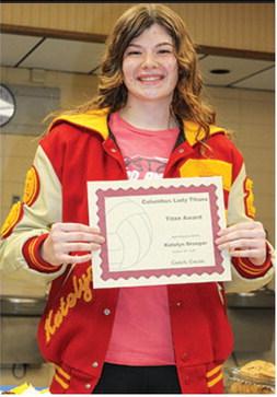 Lady Titan Senior, Katelyn Draeger, received the Titan Award and Best Leader Award during the Lady Titan Volleyball end of season banquet at the Columbus Unified High School Gymnasium in October.