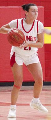 Lady Titan Sophomore, Americus Woodcock, faces off with her Riverton opponent in Tuesday’s loss to the Lady Rams, 40-63, at the CUHS Gym. Americus had nine points for Columbus in the loss.