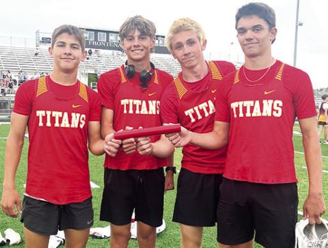 The Columbus Eighth Grade Relay Team of Blaze Bowman, Cord Saporito, Elijah Shoemaker, and Hayden Kellogg completed their junior high career by stamping their names in the record books twice during the final, CCC Junior League Track and Field Meet, April 30, at Frontenac. Courtesy photo.