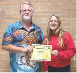 September Lion of the Month was presented to Morgan Richards by Lion Buddy Derfelt. Morgan is active in Band, Jazz Band, Volleyball, Softball, Student Council, Leo Club, Pep Club, Math Team, FCCLA, and Chick-fil-a Leadership Academy. Courtesy photo.