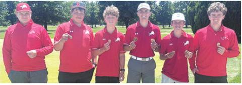 The Baxter Springs Lions Golf Team won the CNC League Tournament finale at the Schifferdecker Golf Course, in Joplin, Mo. Team members are: Nait Roberts, Dason VonMoss, Ethan McCoy, Cole Parrish, Colt McCoy, and Landon Atkinson. The Lions’ four-man total of 331 edged St. Mary’s-Colgan team score of 336. Courtesy photo.