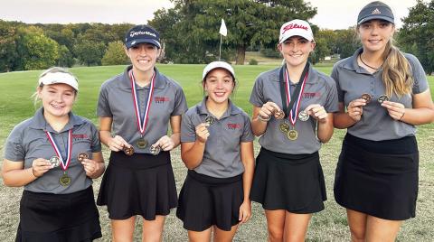 The Columbus Lady Titan Golf Team concluded their regular and CNC League season, Tuesday, at the Baxter Springs Varsity Golf Tournament. Sophomore, Natalie Wary, led the CUHS Team shooting a score of 90 to tie for third place. Columbus placed second behind St. Mary’s-Colgan in the tournament and in the final CNC League standings. Team members are Amory Neely, sophomore; Natalie Wary, sophomore; Hannah Noel, sophomore; Mallory Thompson, senior; and Anna Head, senior. Courtesy photo.