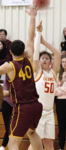 Titan Senior, Huck Hallam, gave Columbus their only lead, 3-2, with his three-point shot early in the 32-58, Columbus loss to Girard, Friday night at the, CUHS Gymnasium.