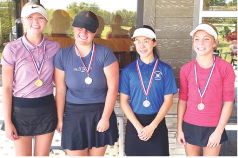 Columbus Junior Golfers, Cali Carpino, Fallon Smiley, and Tyler Kirk placed first, second, and fourth in the girls 12-14 age group at the Columbus Tournament held Tuesday on their home course at the Brush Creek Golf and Grill. Mary Mall, Parsons placed third. Courtesy photo.