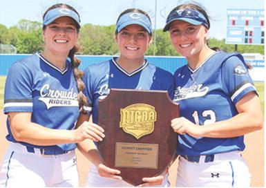 Crowder College Sophomores, Mia Sarwinski and Aubree Saporito, and freshman, Katie Simpson earned All-American Scholar Athlete honors from the National Fastpitch Coaches Association. The All-CNC honorees are shown with the District Champions plaque they earned on the way to the national championship.
