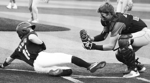 Titan Senior, Jace Midgett, tags out the Northwest Arkansas runner in the Saturday, Titan win, 14-4, over the Hornets in Wyandotte and Seneca High School’s Baseball Festival.