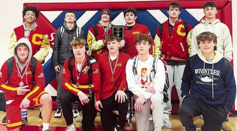 The Columbus Titans placed third in the 63rd Annual People’s Bank of Seneca Wrestling Tournament, Saturday. Team members are front row: Braun Stone, Chase Pelt, Shade Schuberger, Wyatt Pool, and Fabe Robison. Back row: Kai Langerot, Carlson Britt, Cal Saporito, Kash Smith, Mason O’Banion, and Jayden Rodriguez. Courtesy photo.