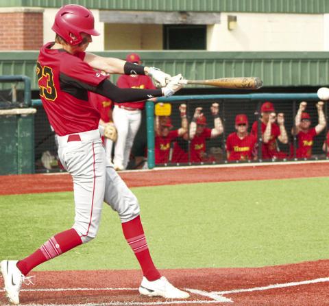 Columbus Titan Designated Hitter, Kolt Ungeheuer, senior, sent his first hit of the night over the center field fence for a three-run home run, May 24, in the 112, 13-3 sweep of the St. Mary’s-Colgan Panthers at Pittsburg’s Jaycee Ballpark.